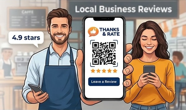 A smiling cafe owner holds up a phone showing a Thanks & Rate QR code while a customer leaves a five-star review